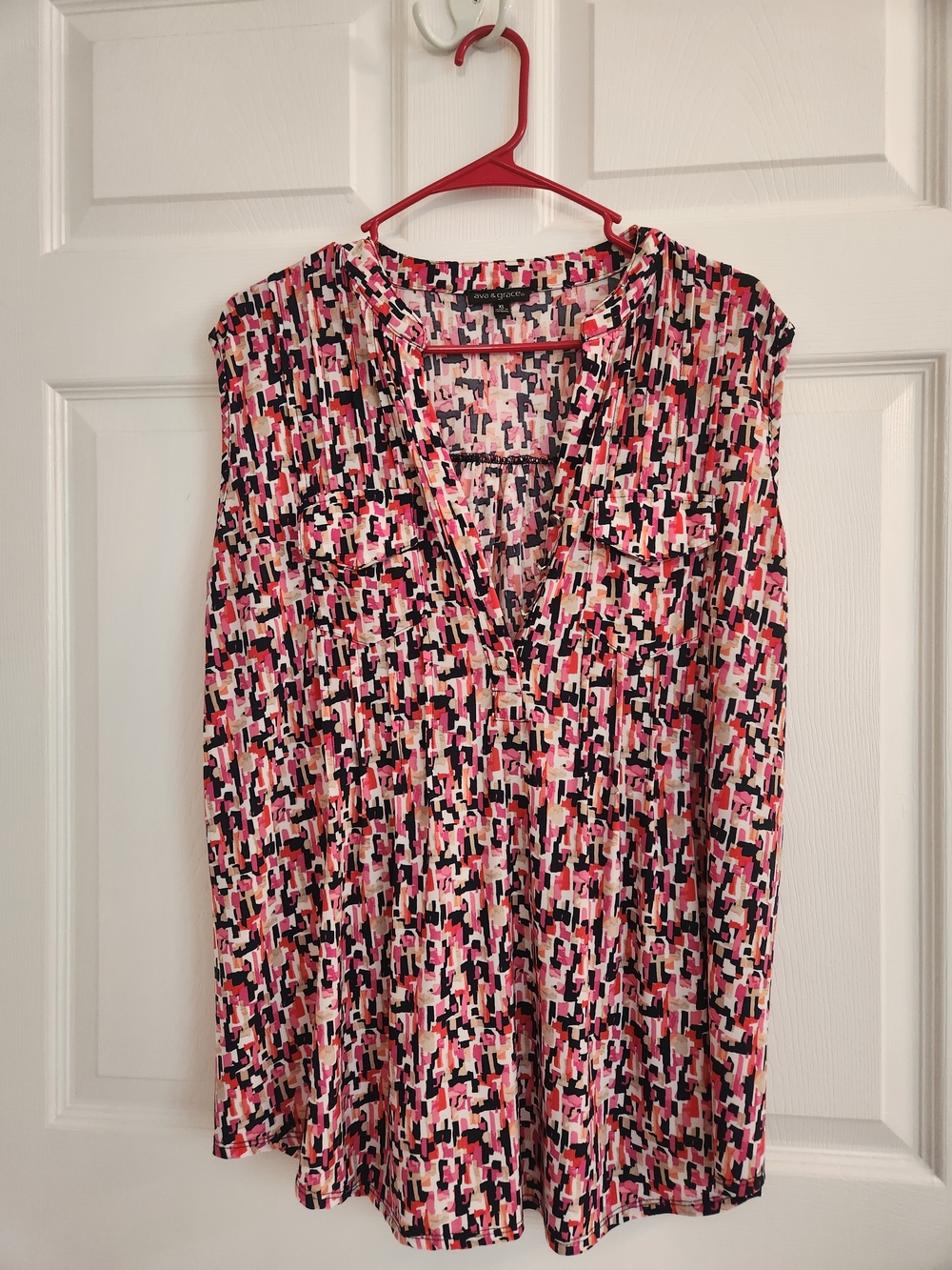Ava & Grace Pink Black Cream Abstract V-Neck Sleeveless Top XL